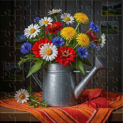 Margaritas, acianos y zinnias Rompecabezas