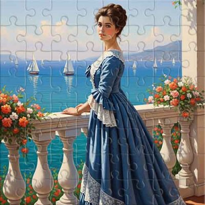 Lady in Blue and the Sailboats Jigsaw Puzzle
