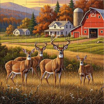 Paisaje de granja otoñal con ciervos Rompecabezas
