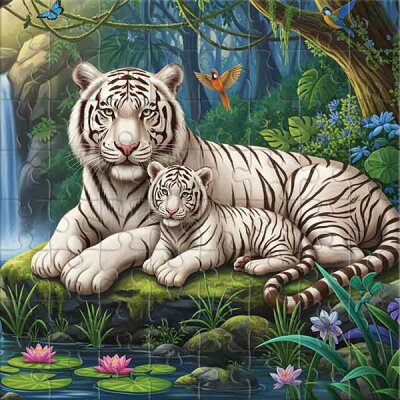 White tigers and a waterfall Jigsaw Puzzle