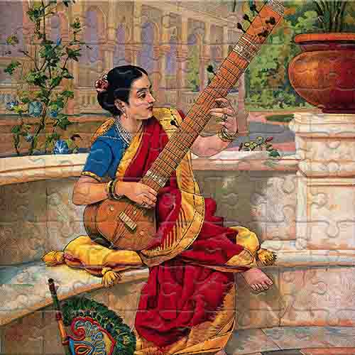 Indian Woman with a Sitar by a Pond in a Garden (by Raja Ravi Varma)