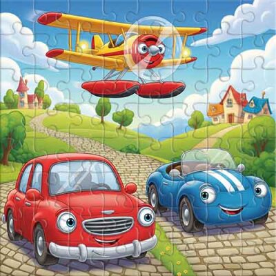 Voitures amusantes et un avion Puzzle