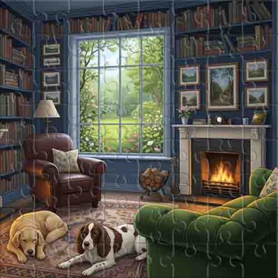 Biblioteca con chimenea y perros Rompecabezas