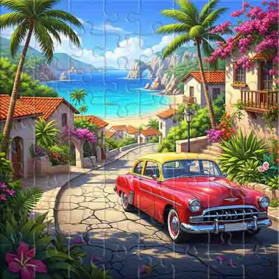 Coche retro y casas con vistas a la playa Rompecabezas