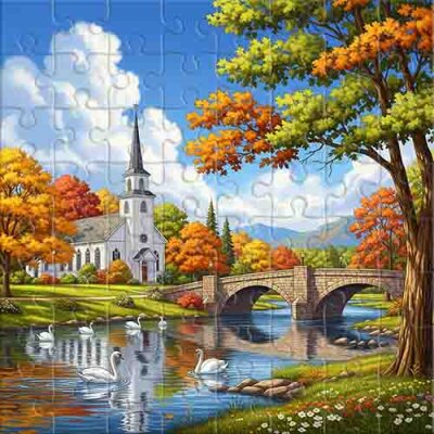 Лебеді біля старовинного мосту Пазл