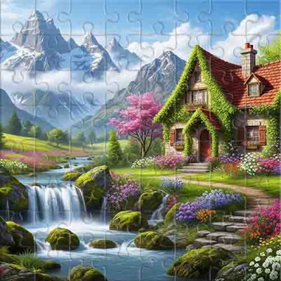 Paysage de montagne avec maison et cascade Puzzle