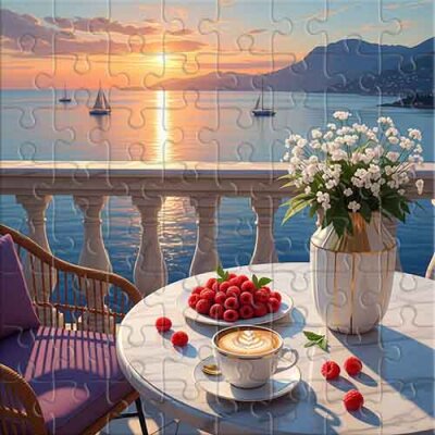 Café sur la terrasse avec vue sur la côte méditerranéenne Puzzle