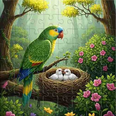 Green Parrot and Its Chicks Jigsaw Puzzle