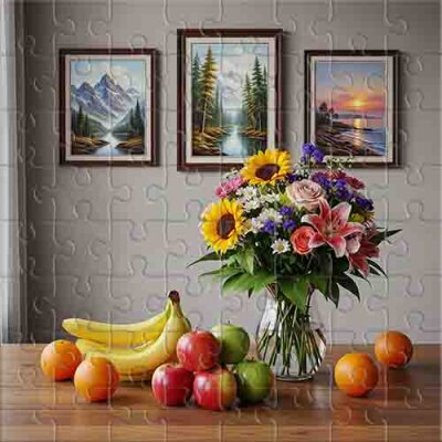 Nature morte aux fleurs et fruits sur une table en bois Puzzle
