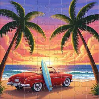 Coucher de soleil sur la plage et une décapotable Puzzle