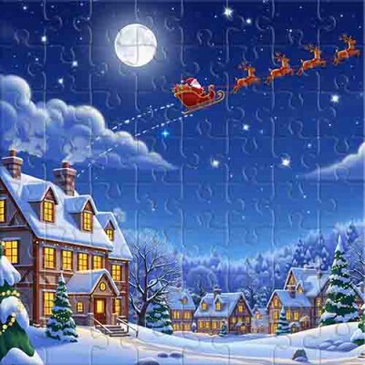 Santa's Enchanting Flight Over a Snow-Covered Town Jigsaw Puzzle