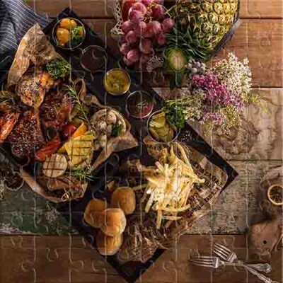 Fiesta de sabor en una encimera de roble Rompecabezas