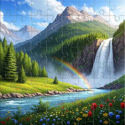 Frühlingstal mit Wasserfall Puzzle