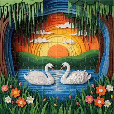 Couple de cygnes au coucher du soleil Puzzle