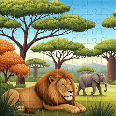 Le lion et les éléphants dans la savane africaine Puzzle