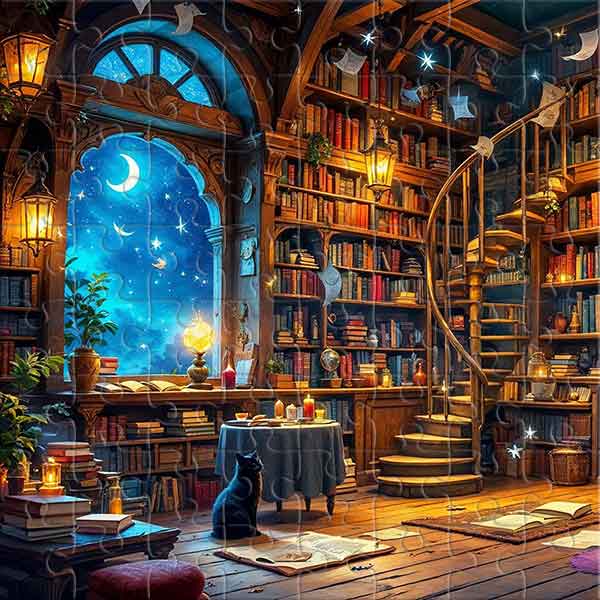 Nacht in einer mystischen Bibliothek Puzzle