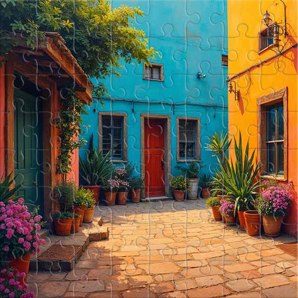 Rue aux façades colorées et aux fleurs Puzzle