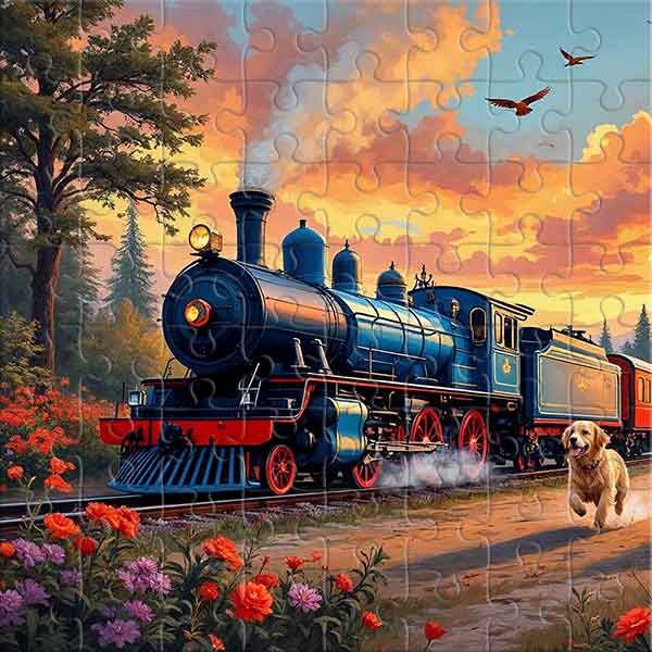 Blauer Express im Sonnenuntergang Puzzle