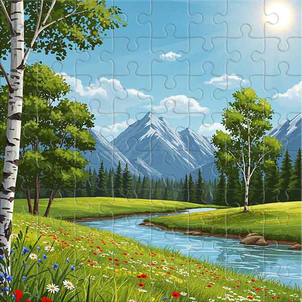 Sommerlandschaft mit Fluss und Bergen Puzzle