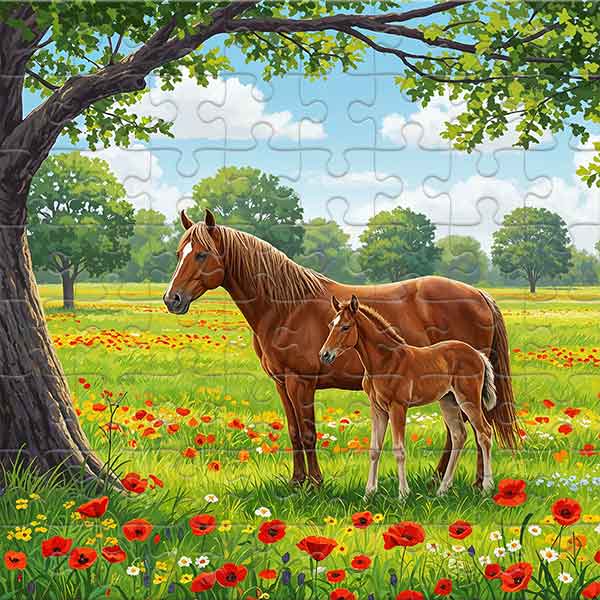 Pferd und Fohlen auf einer Sommerwiese Puzzle