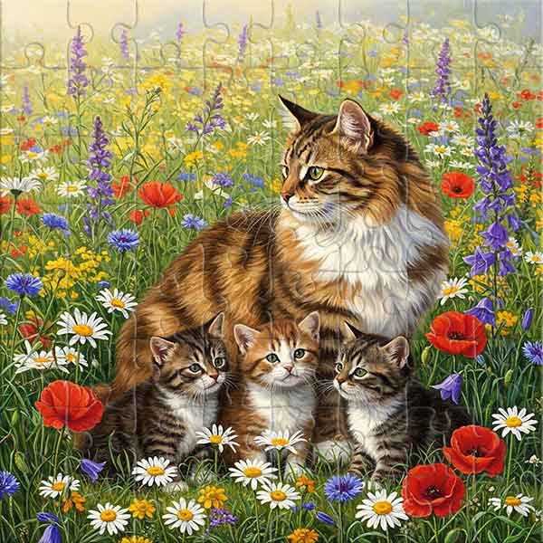 Katzenmama und Kätzchen im blühenden Feld Puzzle