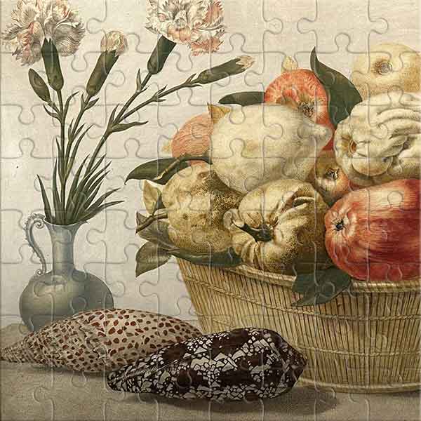 Still Life with Basket of Fruit, Vase with Carnations, and Shells on a Table (by Giovanna Garzoni) Jigsaw Puzzle