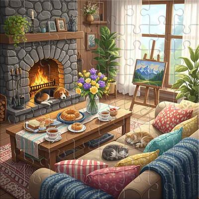Living Room with Fireplace and Pets