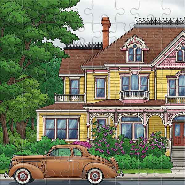 Retro House and Classic Car Jigsaw Puzzle