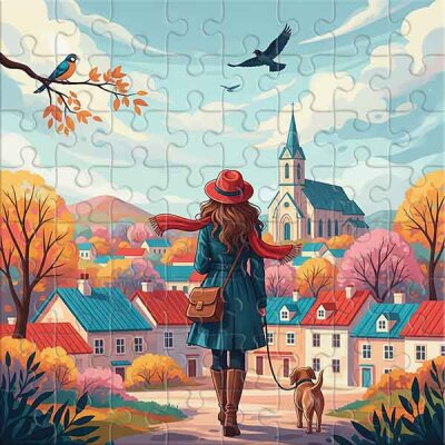 Promenade avec un chien dans une ville d’automne Puzzle
