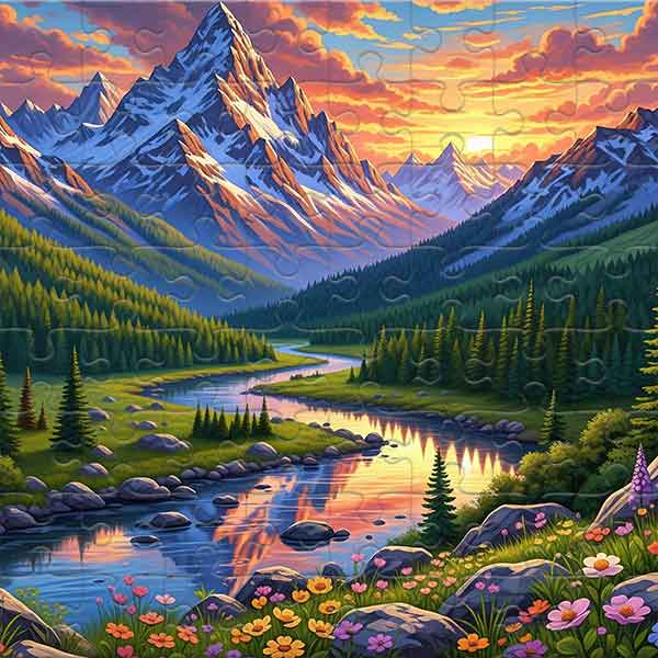 Vallée de montagne au coucher du soleil Puzzle