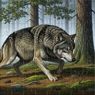 Loups gris dans la forêt brumeuse