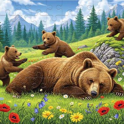 Mother Bear with Cubs on a Mountain Meadow Jigsaw Puzzle