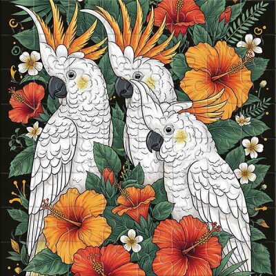 Cacatúas blancas entre flores tropicales Rompecabezas