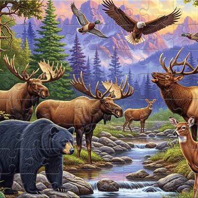 Animaux sauvages et forêt montagneuse Puzzle