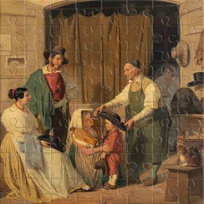 Campesinos romanos comprando un sombrero para su hijo pequeño que va a ser abad (de Albert Küchler) Rompecabezas
