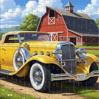 Descapotable amarillo cerca de una granja roja Rompecabezas