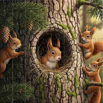 Écureuils Roux sur un Vieux Pin Puzzle