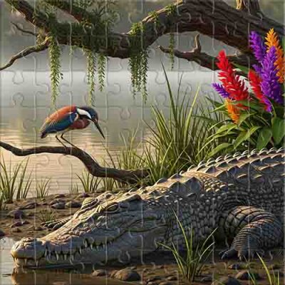 Crocodile sur la rive d'une rivière tropicale Puzzle