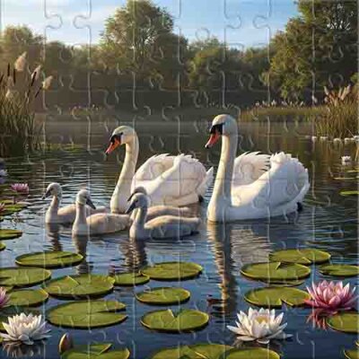 Родина лебедів та рожеві лілії Пазл