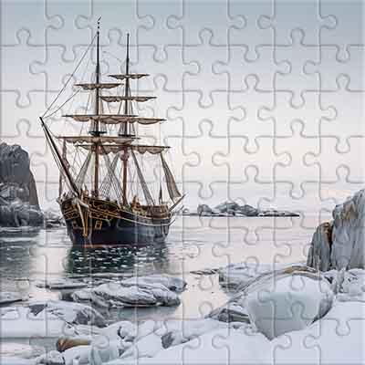 Wooden Sailboat Near Snow-Covered Rocks Jigsaw Puzzle