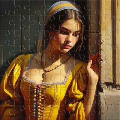 La Niña del Vestido Dorado Junto a la Ventana Rompecabezas