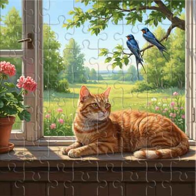 Roter Kater auf einer sonnigen Fensterbank Puzzle