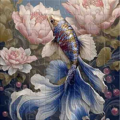 Carpe koï dorée et pivoines en fleurs Puzzle