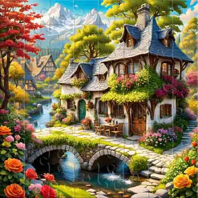 Chalet de conte de fées au bord de la rivière de montagne Puzzle