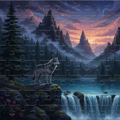 Lone Wolf by a Mountain Waterfall Jigsaw Puzzle