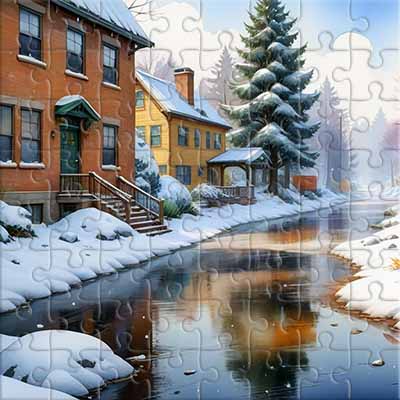 Jour d'hiver dans une ville enneigée Puzzle
