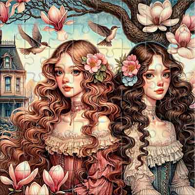 Deux amies dans un jardin de magnolias Puzzle
