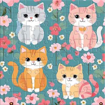 Cuatro gatitos en flores rosas Rompecabezas