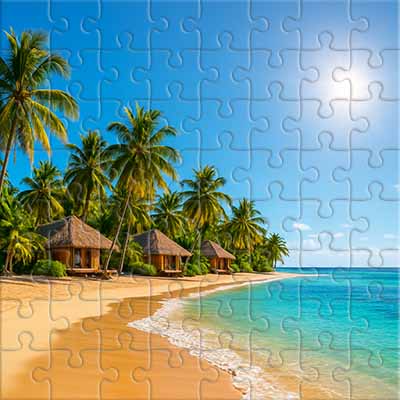 Tropischer Strand mit Bungalows und Palmen Puzzle