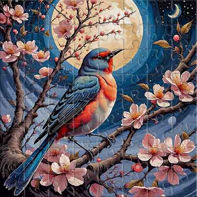 Oiseau bleu et fleurs de cerisier roses Puzzle
